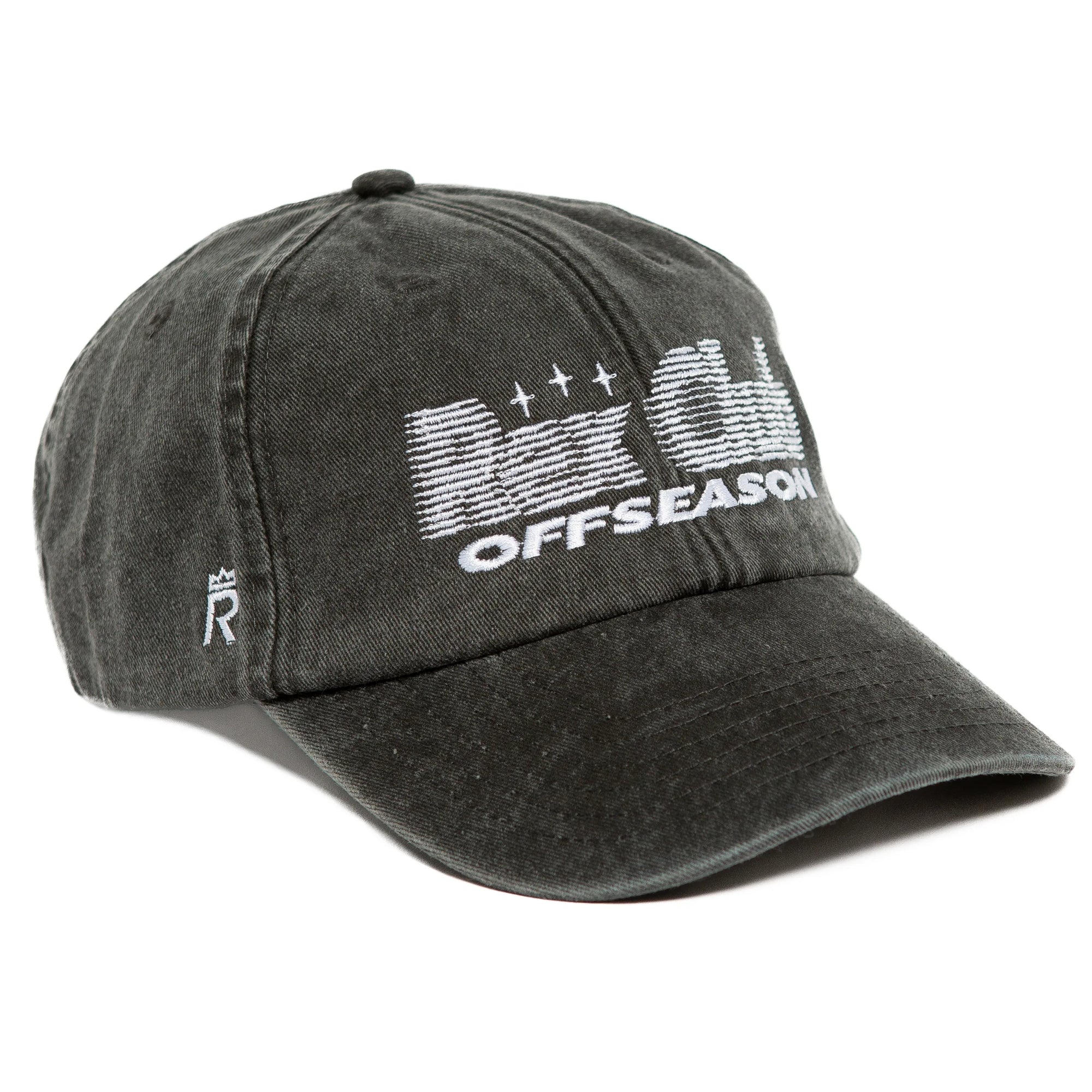 Rex Club | The Offseason 2025 by Rex Club is a washed black, 100% cotton baseball cap with white embroidered "OFFSEASON" text, buildings, and stars. A small white "R" logo adds detail to the side. | Custom Caps | Custom Hats | Team Headwear | UK