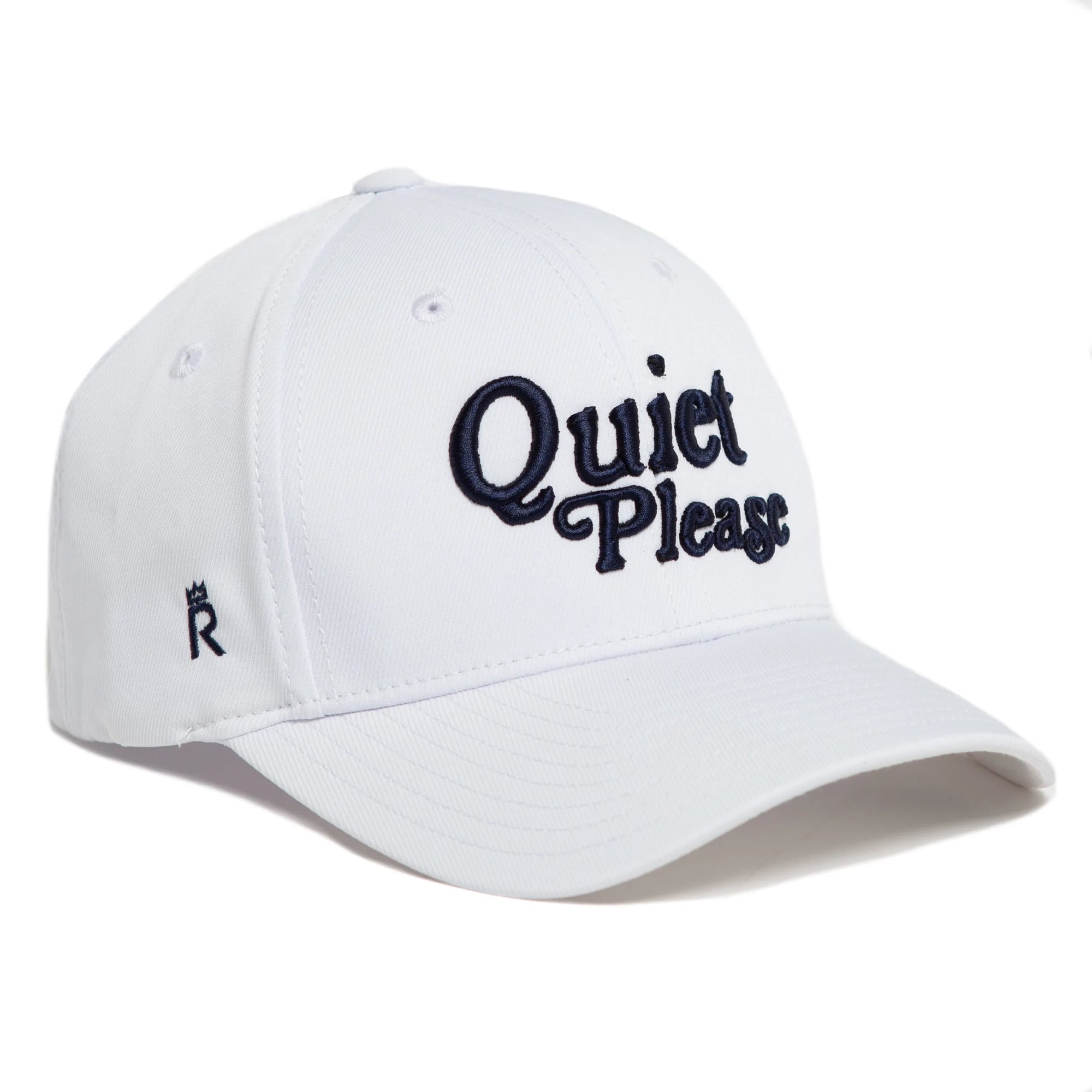 Rex Club | The Rex Club Golf: Quiet Please - White, Performance cap features "Quiet Please" embroidered in bold black script on the front and a small "R" logo on the side. | Custom Caps | Custom Hats | Team Headwear | UK