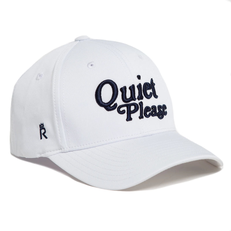 Rex Club | The Rex Club Golf: Quiet Please - White, Performance cap features "Quiet Please" embroidered in bold black script on the front and a small "R" logo on the side. | Custom Caps | Custom Hats | Team Headwear | UK