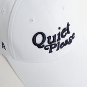 Rex Club | A close-up of the Rex Club Golf: Quiet Please - White, Performance cap, featuring "Quiet Please" embroidered in black on the front. | Custom Caps | Custom Hats | Team Headwear | UK