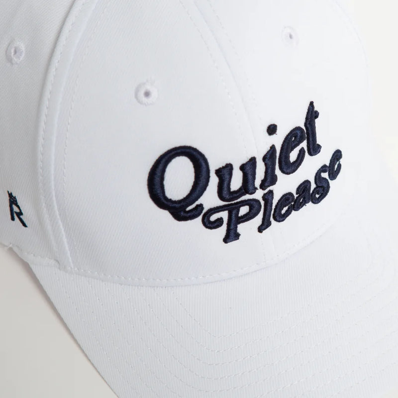 Rex Club | A close-up of the Rex Club Golf: Quiet Please - White, Performance cap, featuring "Quiet Please" embroidered in black on the front. | Custom Caps | Custom Hats | Team Headwear | UK