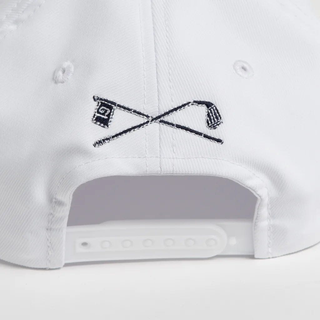 Rex Club | The back of the Rex Club Golf: Quiet Please white performance cap features black embroidery of crossed golf clubs and a golf flag. | Custom Caps | Custom Hats | Team Headwear | UK