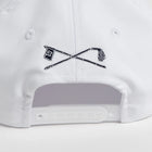 Rex Club | The back of the Rex Club Golf: Quiet Please white performance cap features black embroidery of crossed golf clubs and a golf flag. | Custom Caps | Custom Hats | Team Headwear | UK