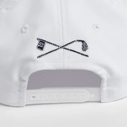 Rex Club | The back of the Rex Club Golf: Quiet Please white performance cap features black embroidery of crossed golf clubs and a golf flag. | Custom Caps | Custom Hats | Team Headwear | UK