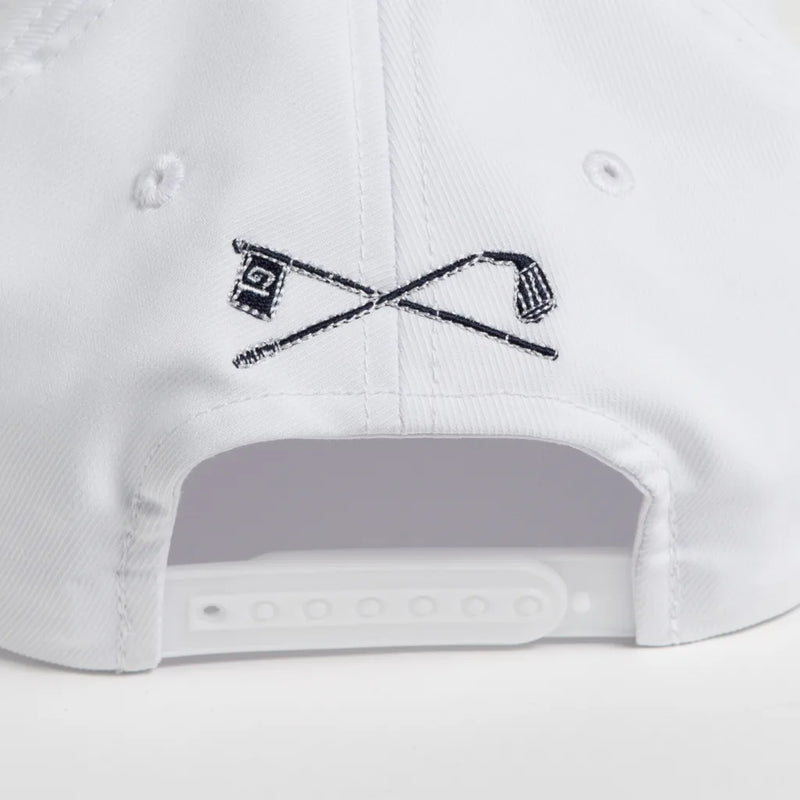Rex Club | The back of the Rex Club Golf: Quiet Please white performance cap features black embroidery of crossed golf clubs and a golf flag. | Custom Caps | Custom Hats | Team Headwear | UK