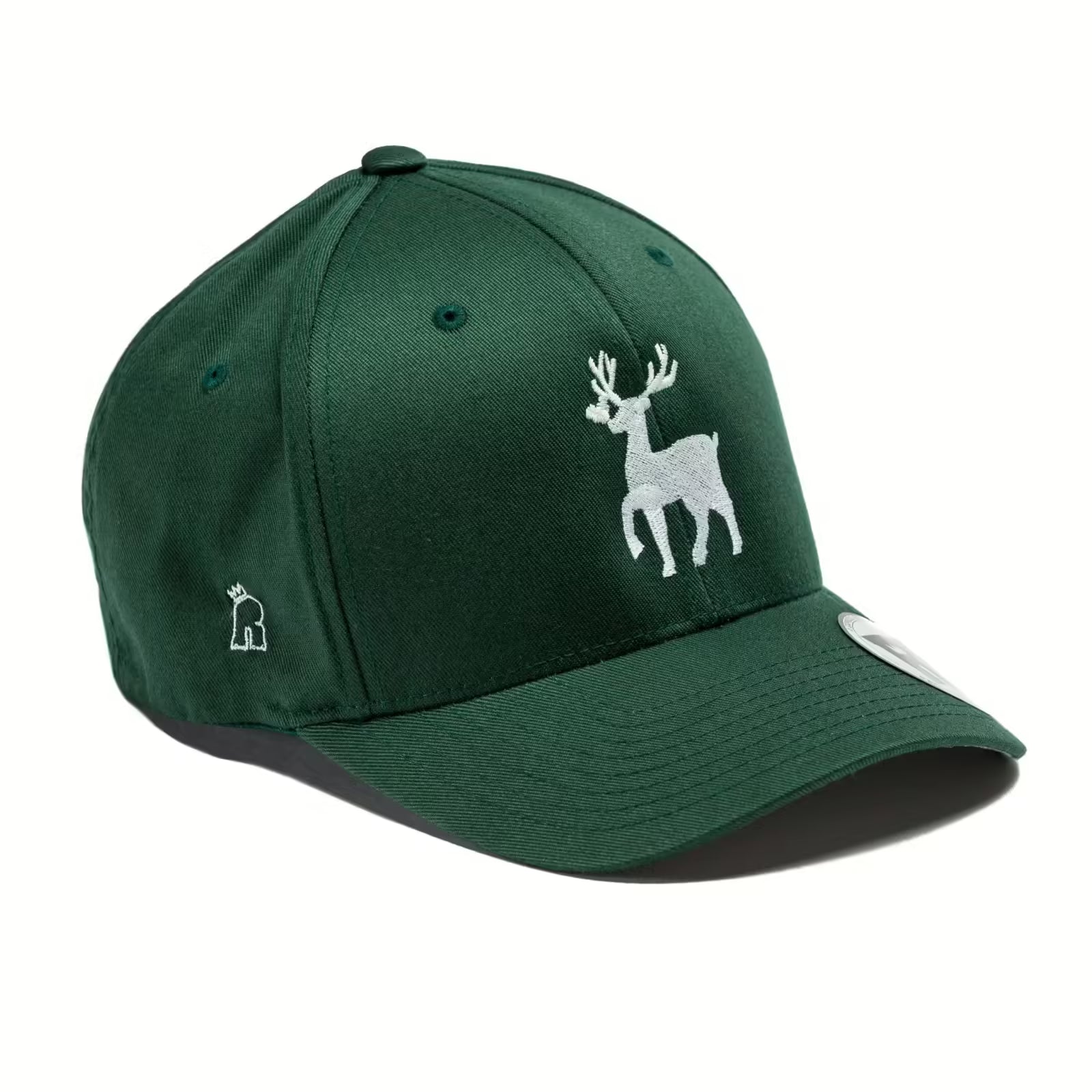 Rex Club | The Rex Club Toft CC Stretch Stag cap is dark green with a white embroidered stag on the front, a bear logo on the side, and stretch fit comfort—perfect for Cheshire or Toft CC cricket supporters. | Custom Caps | Custom Hats | Team Headwear | UK