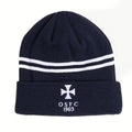 Rex Club | The Rex Club OSFC Beanie is a dark blue, fleece-lined knit hat with two white stripes and a white cross above "OSFC 1903" on the brim—ideal for any Old Salopian football club supporter. | Custom Caps | Custom Hats | Team Headwear | UK