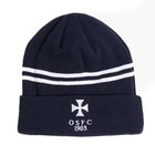 Rex Club | The Rex Club OSFC Beanie is a dark blue, fleece-lined knit hat with two white stripes and a white cross above "OSFC 1903" on the brim—ideal for any Old Salopian football club supporter. | Custom Caps | Custom Hats | Team Headwear | UK