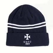Rex Club | The Rex Club OSFC Beanie is a dark blue, fleece-lined knit hat with two white stripes and a white cross above "OSFC 1903" on the brim—ideal for any Old Salopian football club supporter. | Custom Caps | Custom Hats | Team Headwear | UK