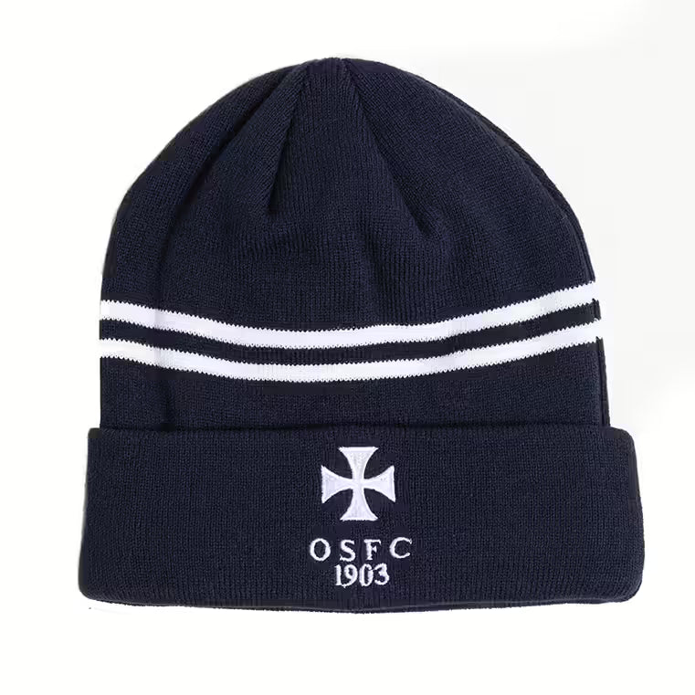 Rex Club | The Rex Club OSFC Beanie is a dark blue, fleece-lined knit hat with two white stripes and a white cross above "OSFC 1903" on the brim—ideal for any Old Salopian football club supporter. | Custom Caps | Custom Hats | Team Headwear | UK