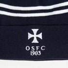Rex Club | The Rex Club OSFC Beanie is a navy blue knit hat with two white stripes, fleece lining for warmth, and an embroidered white cross above "OSFC 1903. | Custom Caps | Custom Hats | Team Headwear | UK