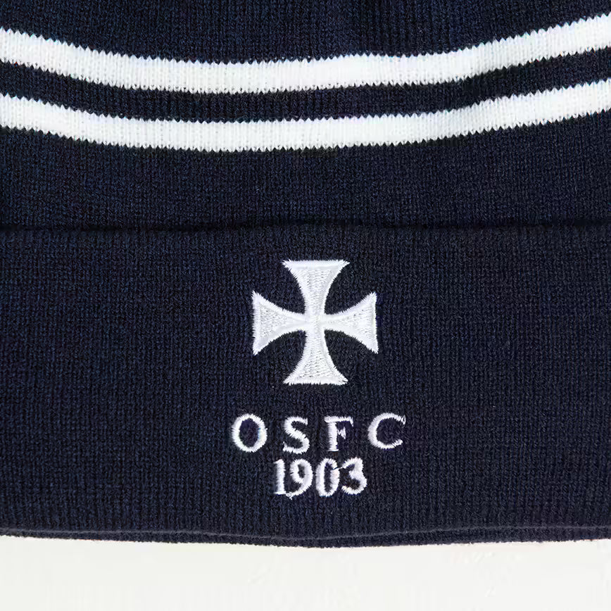 Rex Club | The Rex Club OSFC Beanie is a navy blue knit hat with two white stripes, fleece lining for warmth, and an embroidered white cross above "OSFC 1903. | Custom Caps | Custom Hats | Team Headwear | UK