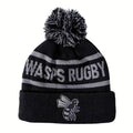 Rex Club | The Rex Club Wasps Bobble is a black and gray knit beanie with a pom-pom, "WASPS RUGBY" text, cartoon wasp logo on the cuff, and cozy fleece lining. | Custom Caps | Custom Hats | Team Headwear | UK