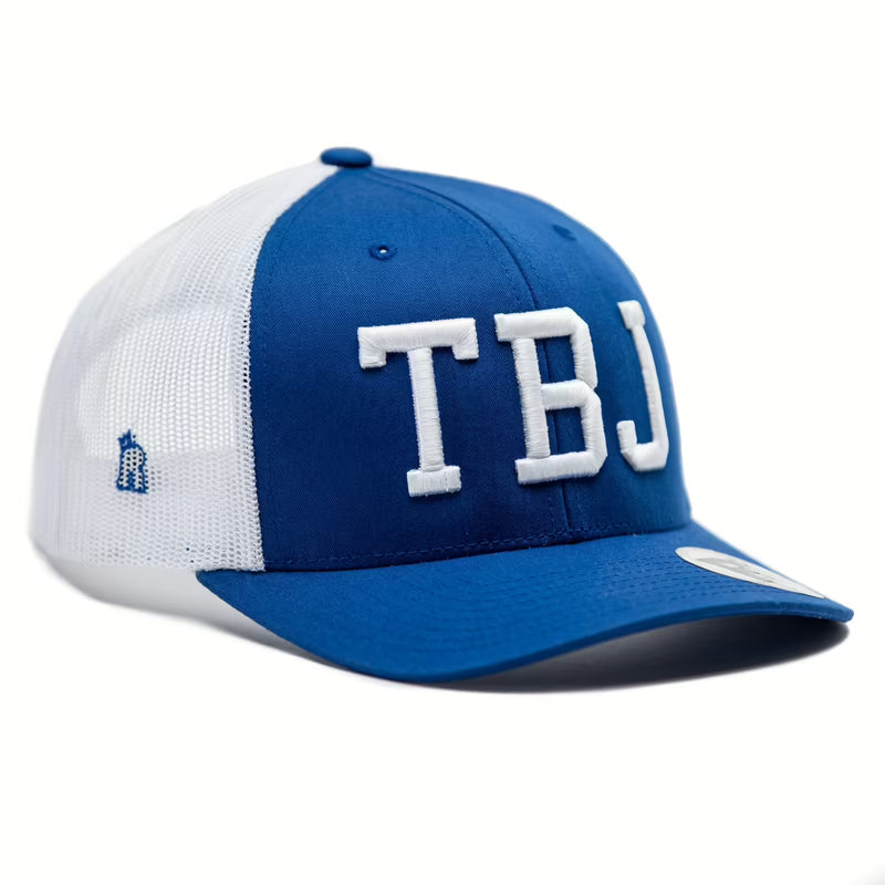 Rex Club | The Rex Club Team Bin Juice cap features a royal blue front and brim, a white mesh back, and bold white "TBJ" embroidery on the front. | Custom Caps | Custom Hats | Team Headwear | UK