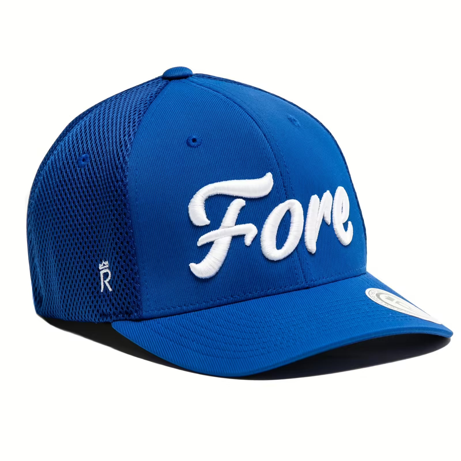 Rex Club | The Rex Club Fore hat is royal blue with mesh sides and "Fore" in bold white script on the front. This stretch-fit cap has a small "R" logo on the side and a white sticker on the brim. | Custom Caps | Custom Hats | Team Headwear | UK