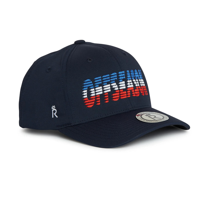 Rex Club | The OFFSEASON 26 - Navy by Rex Club is a navy blue performance cap featuring "OFFICIAL" embroidered on the front in a white, blue, and red gradient, finished with a silver sticker on the brim—ideal for upgrading your Offseason caps rotation or adding some RC-Sun flair on bright days. | Custom Caps | Custom Hats | Team Headwear | UK