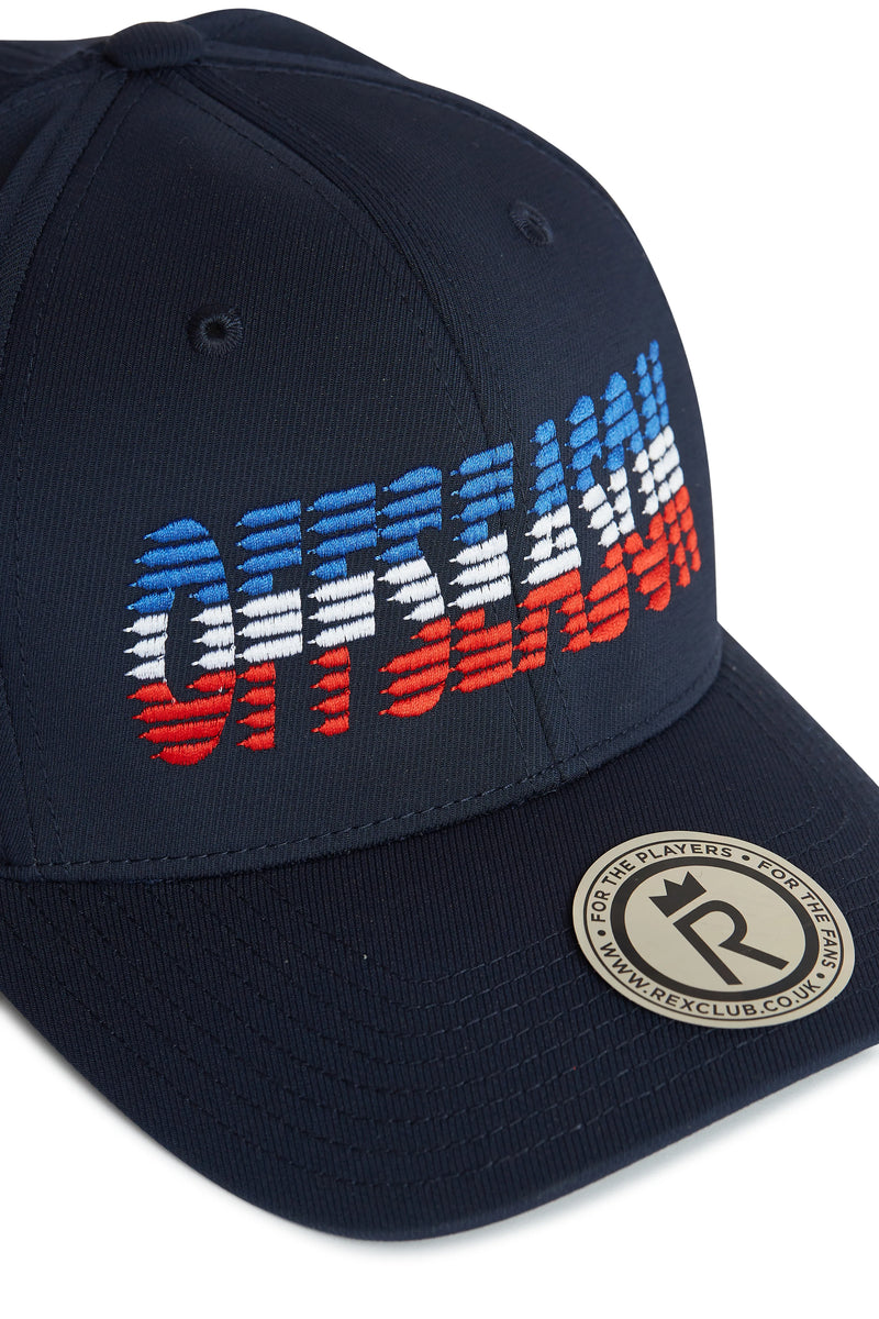 Rex Club | Experience the OFFSEASON 26 - Navy by Rex Club—a performance cap from our exclusive Offseason collection. This RC-Sun style features "OFFLAND OFF SEASON" embroidered in blue, white, and red gradient lettering. A round brim sticker displays "FOR PLAYERS • FOR THE TEAM" alongside the signature Rex Club logo. | Custom Caps | Custom Hats | Team Headwear | UK
