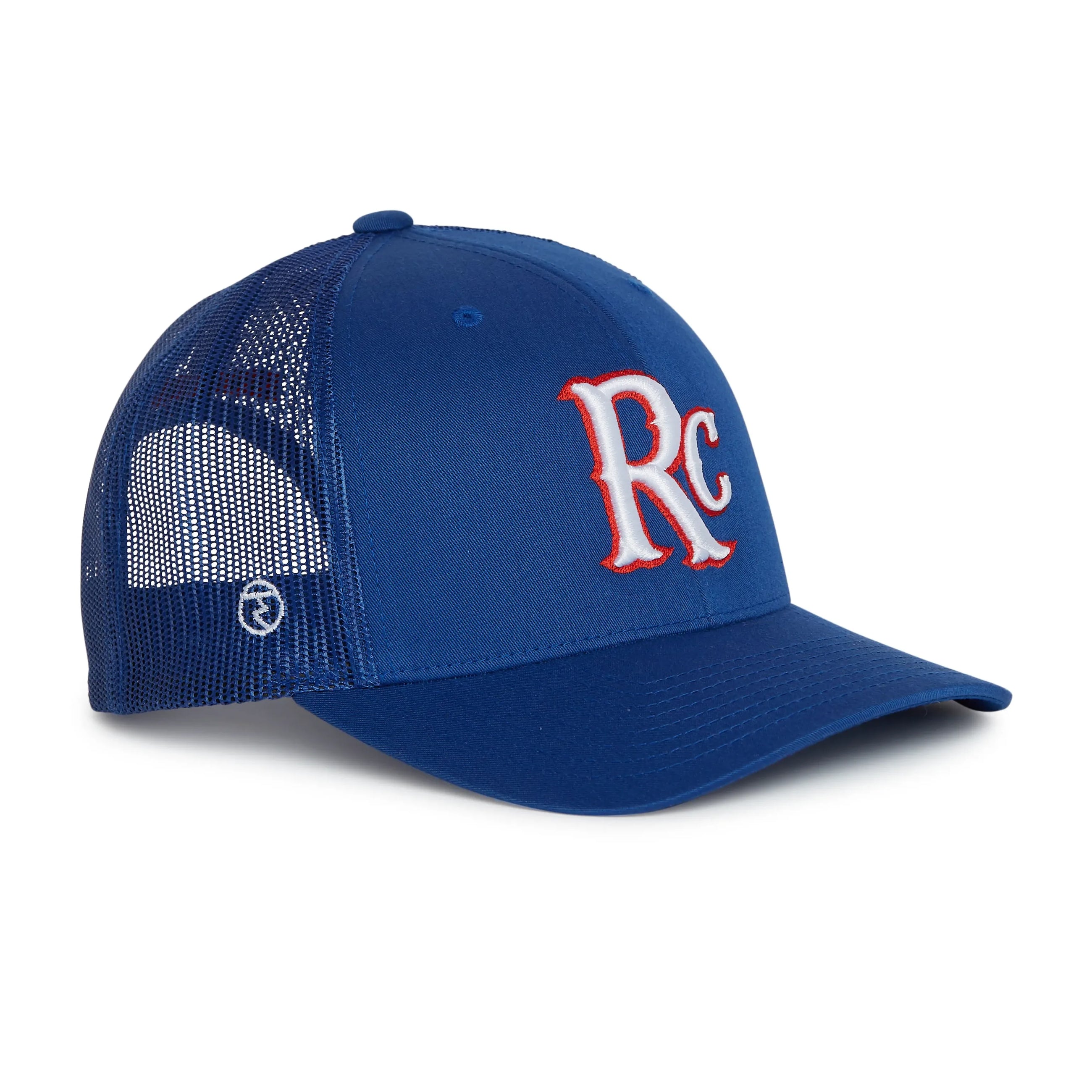Rex Club | The RC 26 Trucker by Rex Club is a blue mesh hat with a curved brim, featuring white and red "RC" sport team monogram embroidery on the front and a small white logo on the side mesh panel. | Custom Caps | Custom Hats | Team Headwear | UK