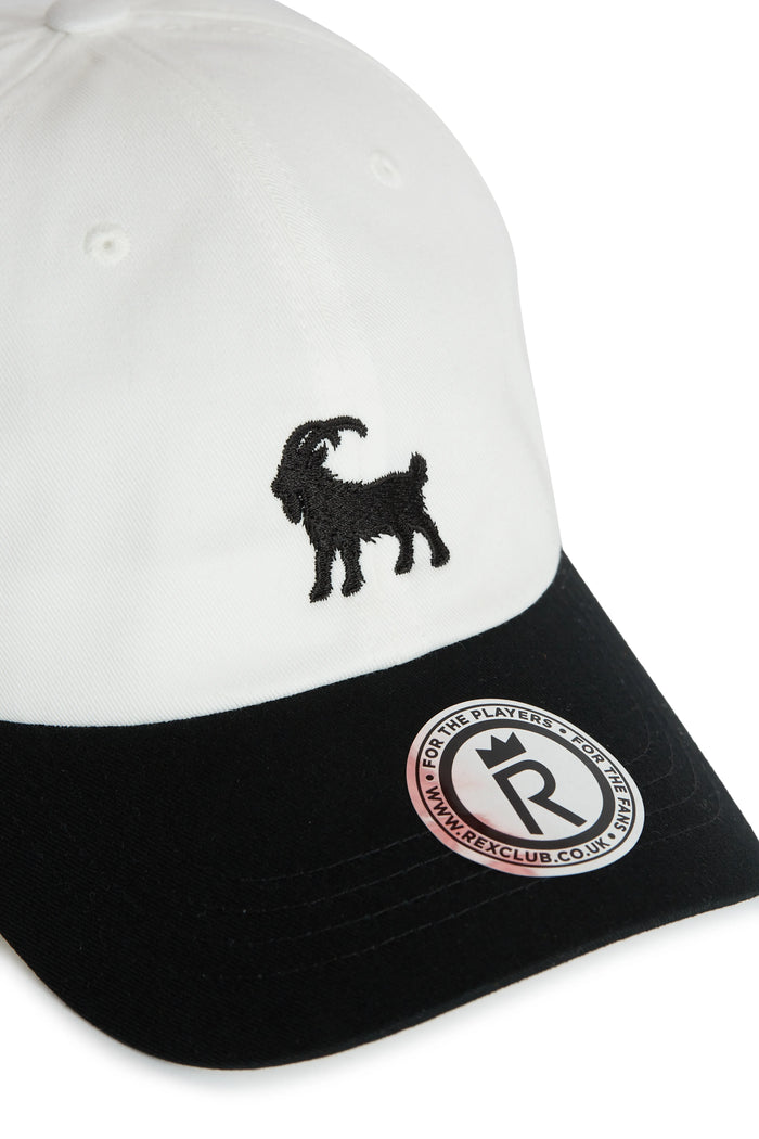 Rex Club | The "Goat - Black & White" cap by Rex Club features a white crown, black brim, embroidered black goat on the front, and a round Rex Club sticker on the brim. | Custom Caps | Custom Hats | Team Headwear | UK