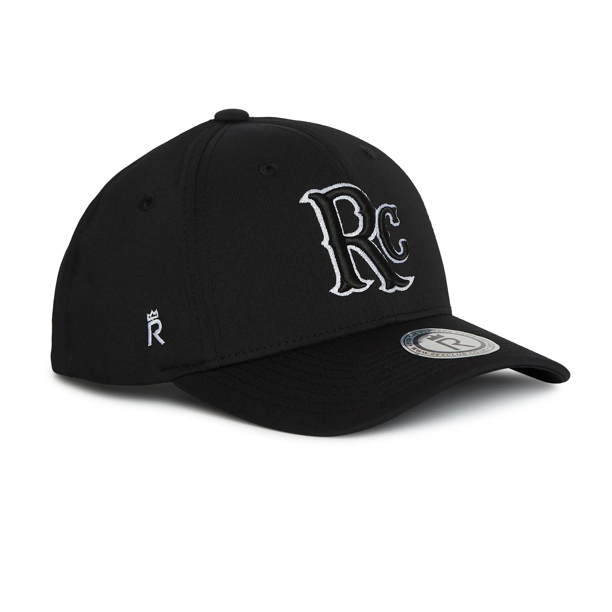 Rex Club | The RC 26 Performance cap by Rex Club is a black baseball hat with bold white "RC" monogram embroidery, a crown-topped "R" on the side, and a round sticker on the curved brim—ideal for sports teams or classic style enthusiasts. | Custom Caps | Custom Hats | Team Headwear | UK