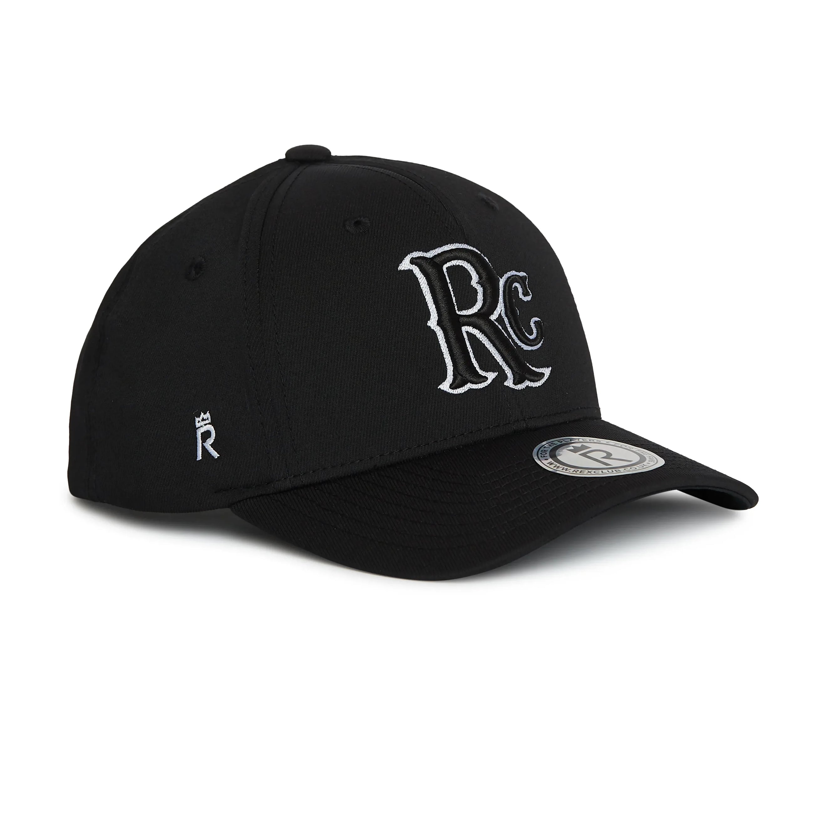 Rex Club | The RC 26 Performance cap by Rex Club is a black baseball hat with bold white "RC" monogram embroidery, a crown-topped "R" on the side, and a round sticker on the curved brim—ideal for sports teams or classic style enthusiasts. | Custom Caps | Custom Hats | Team Headwear | UK