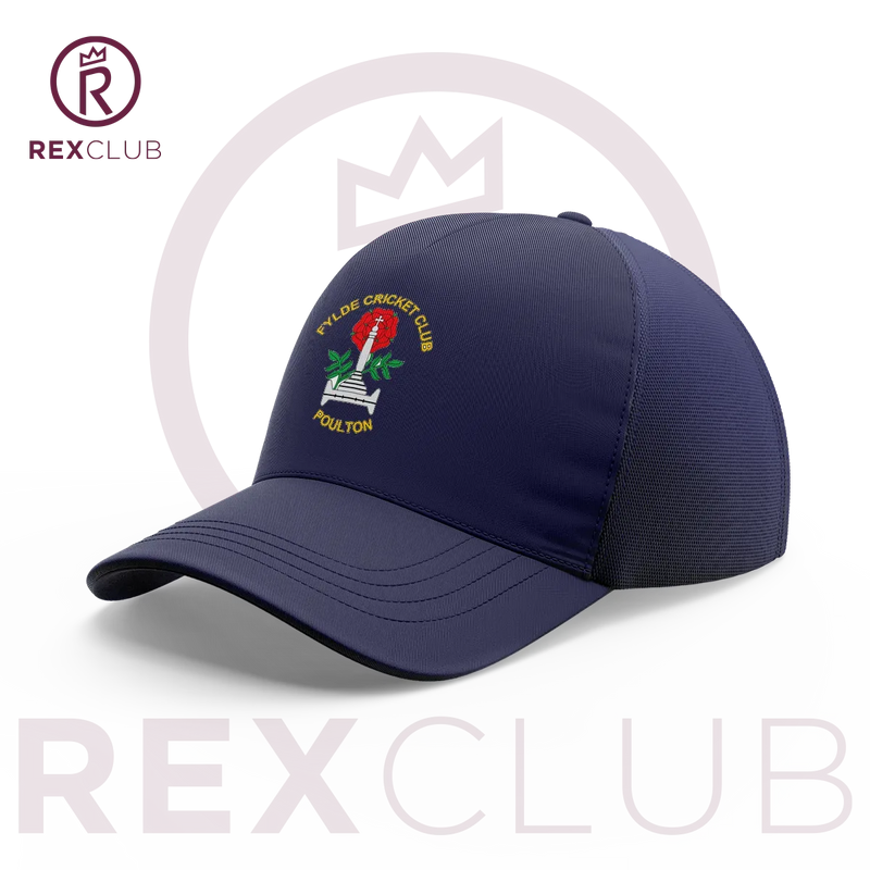 Rex Club | The Fylde CC Stretch by Rex Club is a navy stretch-fit baseball cap featuring "FYLDE CRICKET CLUB POULTON" in yellow, embroidered around a red rose and green cricket stump logo—ideal for Palace Shield Cricket League fans. | Custom Caps | Custom Hats | Team Headwear | UK