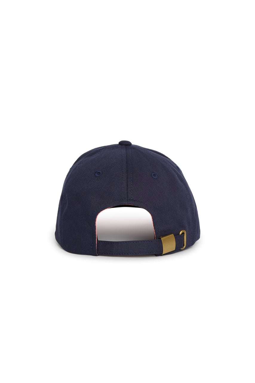 Rex Club | A navy blue Leander Club baseball cap by Rex Club, viewed from the back, features an adjustable strap with a brass buckle and a small opening above the strap—this premium bespoke cap is inspired by classic rowing club style. | Custom Caps | Custom Hats | Team Headwear | UK