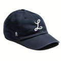 Rex Club | The Ludgrove by Rex Club is a navy blue pure cotton baseball cap with a large white cursive "L" on the front and a small crowned embroidered "R" on the side. | Custom Caps | Custom Hats | Team Headwear | UK