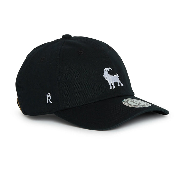 Rex Club | The Rex Club Goat - Black is a black baseball cap with a white embroidered goat on the front, a crown and "R" on the side, and a round logo sticker on its curved brim. | Custom Caps | Custom Hats | Team Headwear | UK