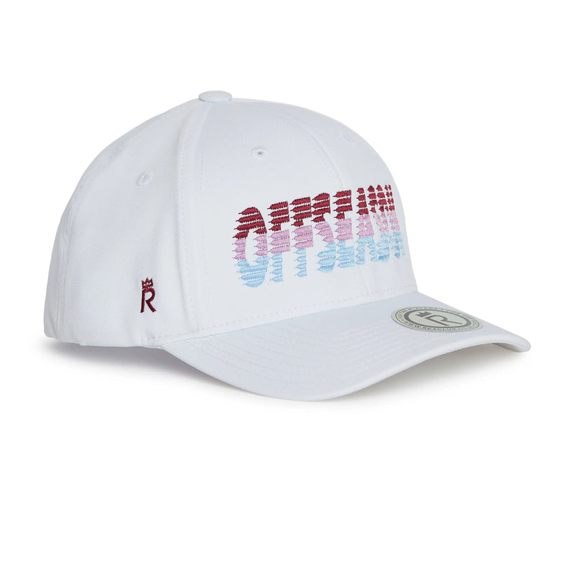 Rex Club | The OFFSEASON 26 - Navy cap by Rex Club features a curved brim and showcases a striking gradient red, pink, and blue geometric design with text on the front. A small red "R" topped with a crown is stitched on the side, accompanied by a circular RC-Sun patch on the brim—an ideal choice for Rex Club Offseason cap enthusiasts looking for standout style. | Custom Caps | Custom Hats | Team Headwear | UK