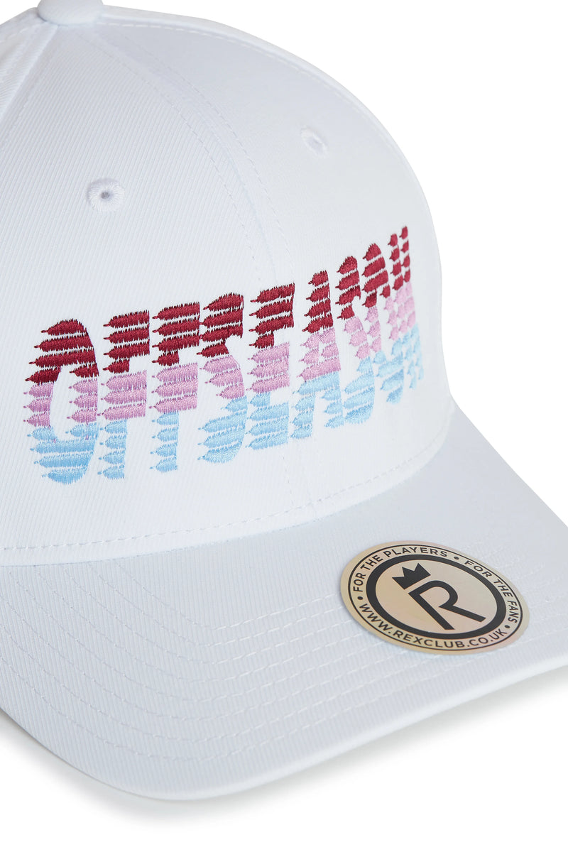 Rex Club | Navy baseball cap with "OFFSHORE" embroidered in a red, pink, and blue gradient on the front, featuring a round “R” sticker on the brim. The OFFSEASON 26 - Navy RC-Sun performance cap from Rex Club combines style and functionality, making it an outstanding addition to your Offseason caps collection. | Custom Caps | Custom Hats | Team Headwear | UK