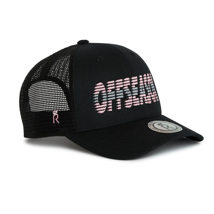 Rex Club | The OFFSEASON 26 Trucker by Rex Club is a black mesh cap with "OFFSHORE" in bold pink and white, a gray circular “R” logo patch on the brim, and a small pink “R” stitched into the side mesh. | Custom Caps | Custom Hats | Team Headwear | UK