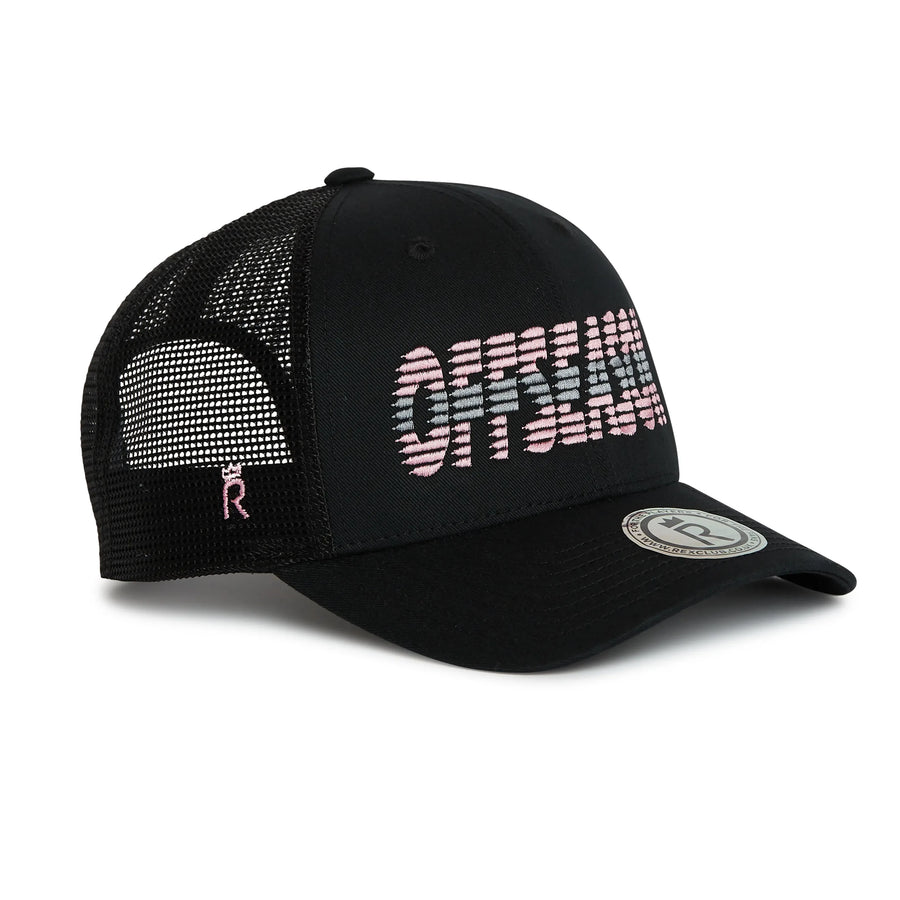 Rex Club | The OFFSEASON 26 Trucker by Rex Club is a black mesh cap with "OFFSHORE" in bold pink and white, a gray circular “R” logo patch on the brim, and a small pink “R” stitched into the side mesh. | Custom Caps | Custom Hats | Team Headwear | UK