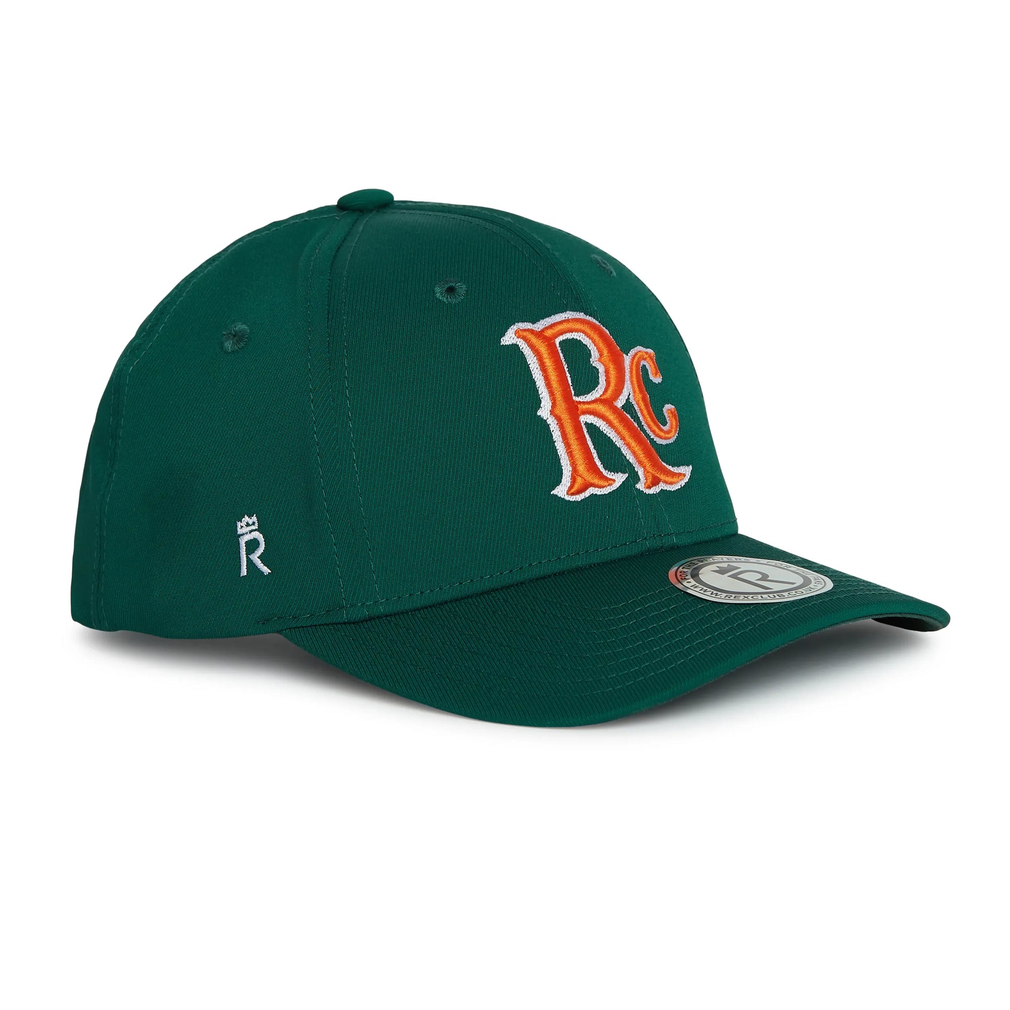 Rex Club | The RC 26 Performance by Rex Club is a green baseball cap featuring an orange and white "RC" logo on the front, a small crowned "R" monogram on the side, and a circular brim sticker—ideal for sports fans. | Custom Caps | Custom Hats | Team Headwear | UK