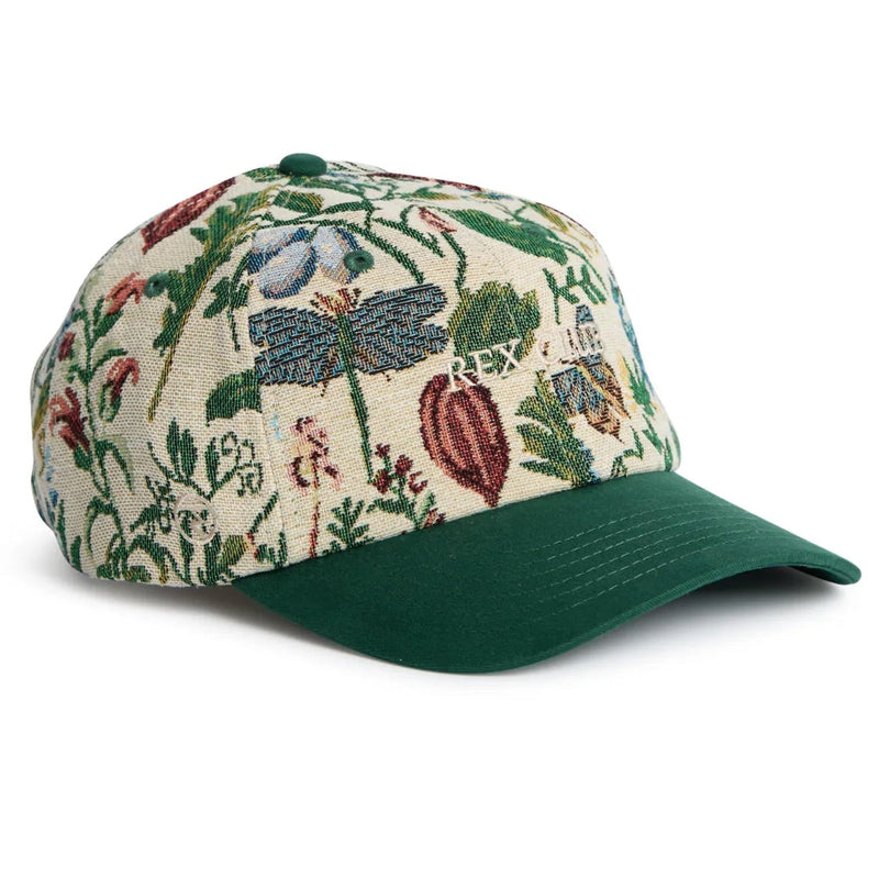 Rex Club | The Rex Club "A New Day" cap features a green suede brim and a tapestry-style crown with vibrant flowers, leaves, and dragonflies—a standout decorative piece for those seeking unique style. | Custom Caps | Custom Hats | Team Headwear | UK variant-2