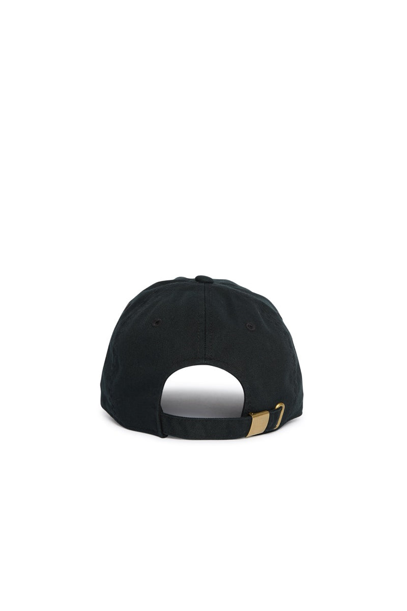 Rex Club | Introducing the Rex Club Labor Et Ludus cap in black, displayed from the back to showcase its adjustable strap with a brass buckle. Crafted from 100% cotton, this versatile cap is designed for work and play, ensuring all-day comfort with a one-size-fits-most fit. | Custom Caps | Custom Hats | Team Headwear | UK