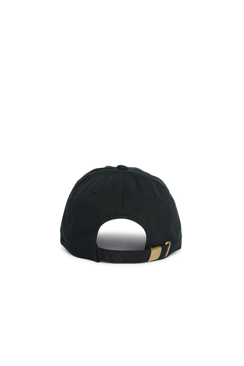 Rex Club | Introducing the Rex Club Labor Et Ludus cap in black, displayed from the back to showcase its adjustable strap with a brass buckle. Crafted from 100% cotton, this versatile cap is designed for work and play, ensuring all-day comfort with a one-size-fits-most fit. | Custom Caps | Custom Hats | Team Headwear | UK