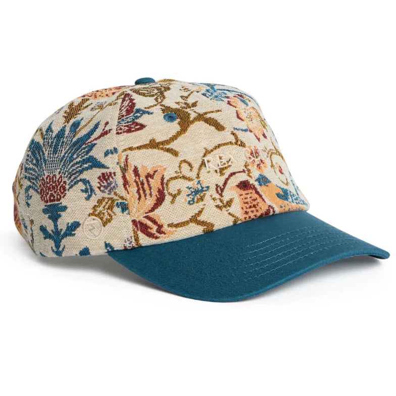 Rex Club | The Rex Club "A New Day" cap features a vibrant tapestry-style crown with animal and plant patterns and a solid teal brim, displayed on a white background. | Custom Caps | Custom Hats | Team Headwear | UK variant-1