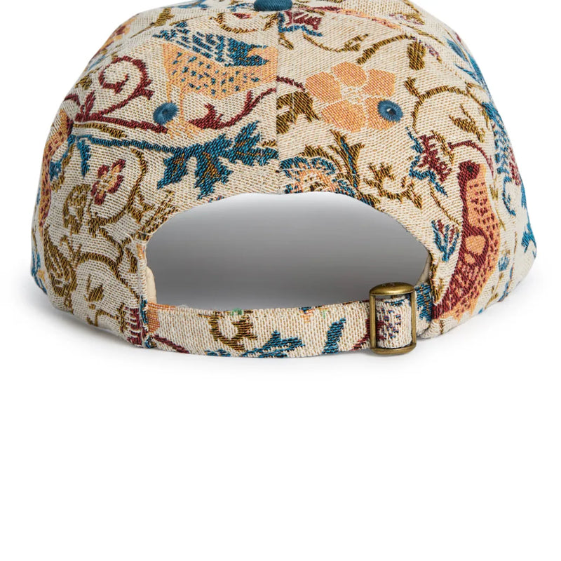 Rex Club | A close-up of the back of the Rex Club "A New Day" beige premium hat, showcasing a vibrant floral and animal pattern with an adjustable strap and metal buckle. | Custom Caps | Custom Hats | Team Headwear | UK variant-1