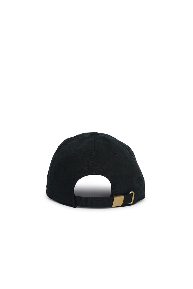 Rex Club | A black “MTRC - Black” cap by Rex Club, shown from the back, featuring an adjustable strap with a brass buckle and a small opening above the strap—ideal for Manchester Tennis & Racquets Club enthusiasts or anyone seeking premium club merchandise. | Custom Caps | Custom Hats | Team Headwear | UK