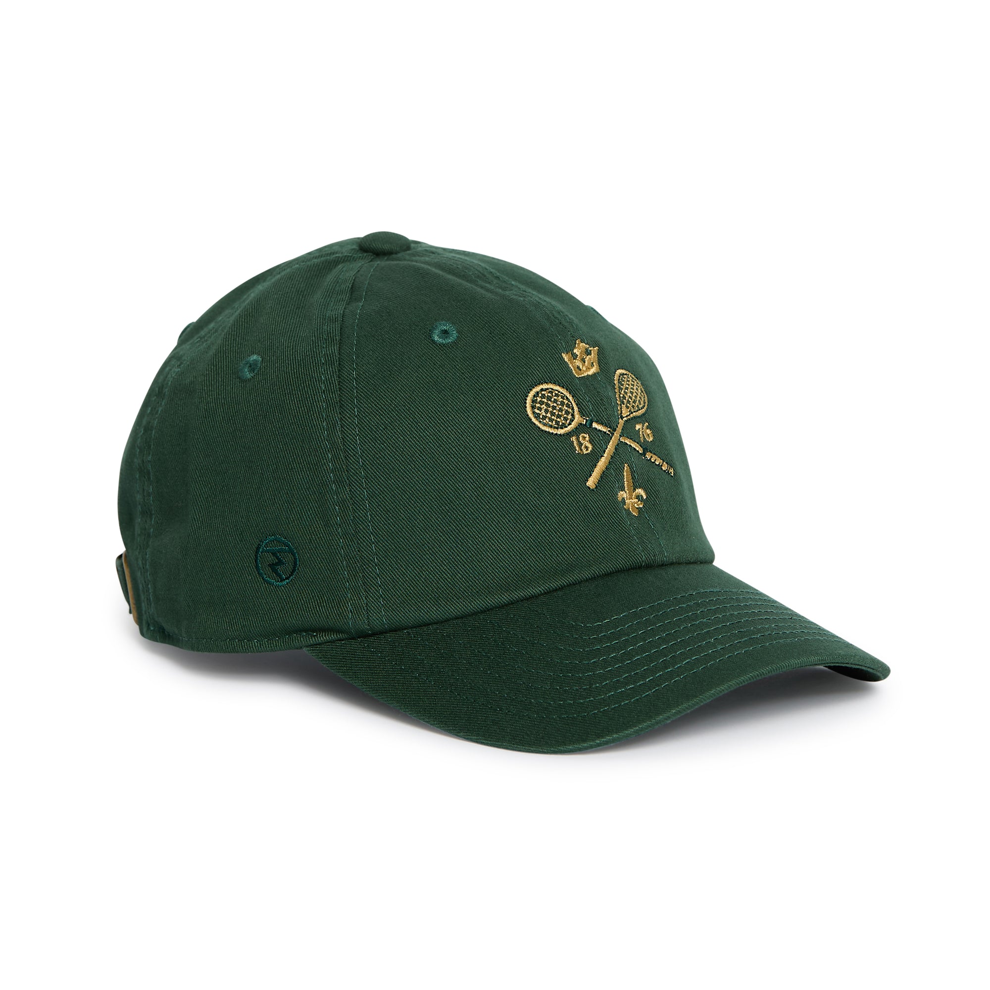 Rex Club | Certainly! Here’s a rewritten sentence incorporating your product data: The Rex Club MTRC – Green cap is a dark green baseball cap made from 100% cotton, featuring gold embroidery of two crossed tennis rackets, “1816,” a small crown, and a fleur-de-lis on the front. Inspired by traditional Manchester Tennis & Racquets Club caps, this piece of club merchandise includes a curved brim and an adjustable strap at the back. | Custom Caps | Custom Hats | Team Headwear | UK