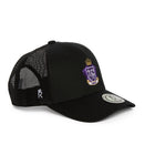 Rex Club | The Leeds Beckett University Cricket Club Trucker by Rex Club is a black mesh trucker hat made from a soft cotton-polyester blend, showcasing a bold purple and gold crest emblem on the front, a small white “R” on the mesh side, and finished with a circular sticker on the brim. | Custom Caps | Custom Hats | Team Headwear | UK