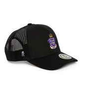 Rex Club | The Leeds Beckett University Cricket Club Trucker by Rex Club is a black mesh trucker hat made from a soft cotton-polyester blend, showcasing a bold purple and gold crest emblem on the front, a small white “R” on the mesh side, and finished with a circular sticker on the brim. | Custom Caps | Custom Hats | Team Headwear | UK