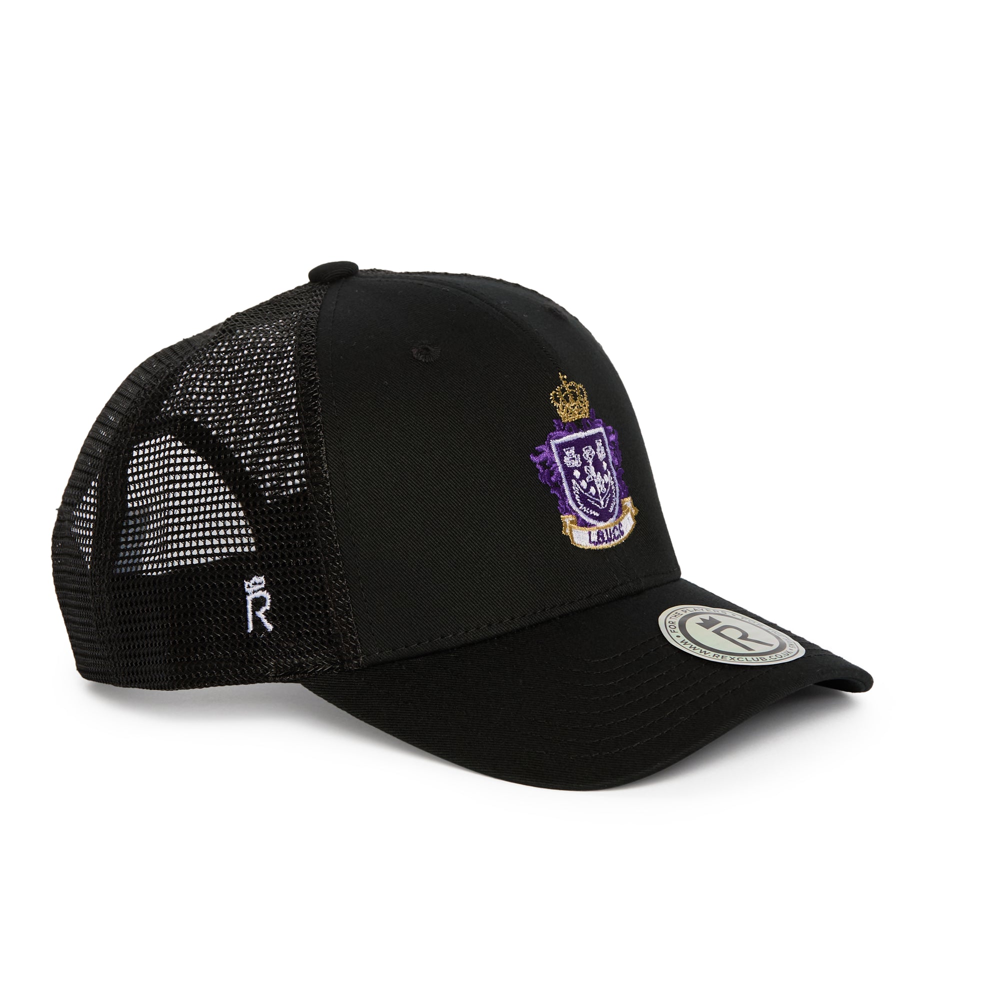 Rex Club | The Leeds Beckett University Cricket Club Trucker by Rex Club is a black mesh trucker hat made from a soft cotton-polyester blend, showcasing a bold purple and gold crest emblem on the front, a small white “R” on the mesh side, and finished with a circular sticker on the brim. | Custom Caps | Custom Hats | Team Headwear | UK