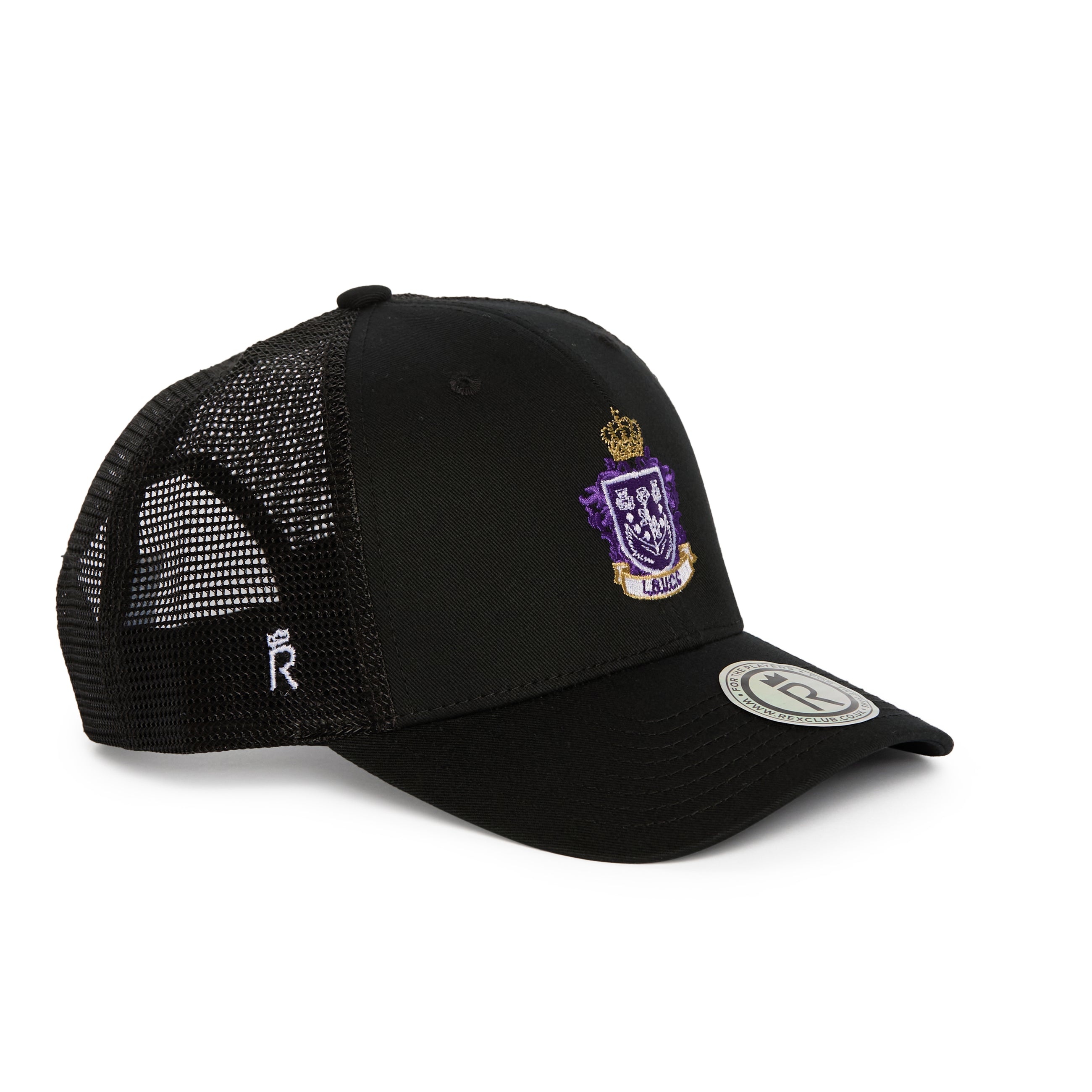 Rex Club | The Leeds Beckett University Cricket Club Trucker by Rex Club is a black mesh trucker hat made from a soft cotton-polyester blend, showcasing a bold purple and gold crest emblem on the front, a small white “R” on the mesh side, and finished with a circular sticker on the brim. | Custom Caps | Custom Hats | Team Headwear | UK
