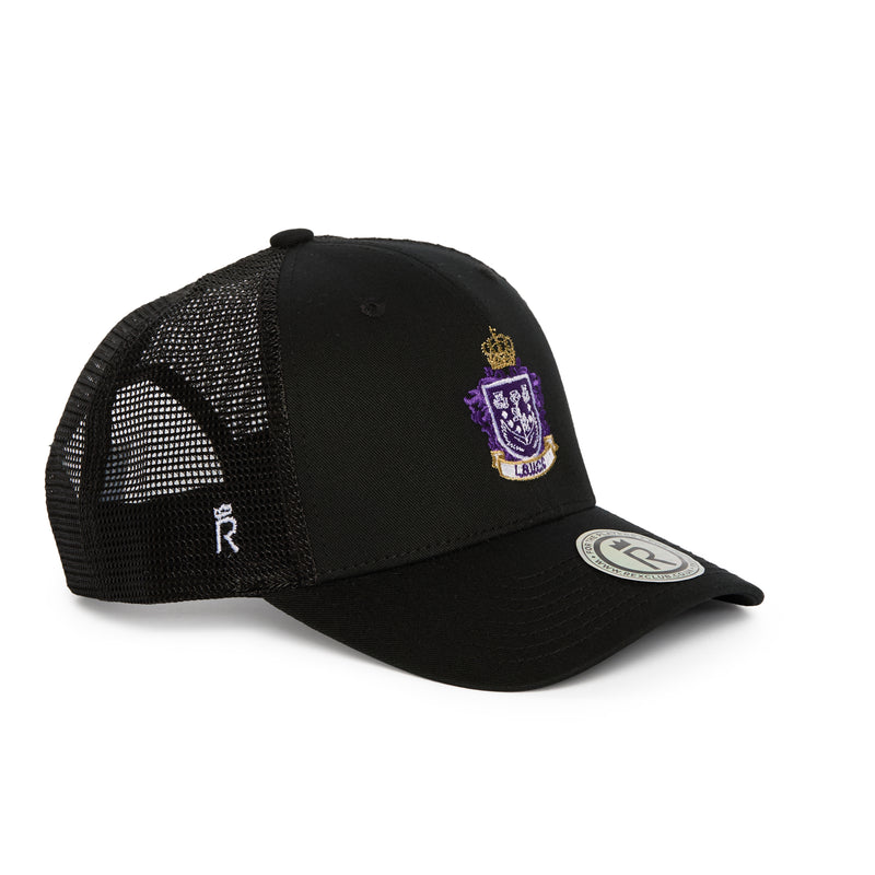 Rex Club | The Leeds Beckett University Cricket Club Trucker by Rex Club is a black mesh trucker hat made from a soft cotton-polyester blend, showcasing a bold purple and gold crest emblem on the front, a small white “R” on the mesh side, and finished with a circular sticker on the brim. | Custom Caps | Custom Hats | Team Headwear | UK