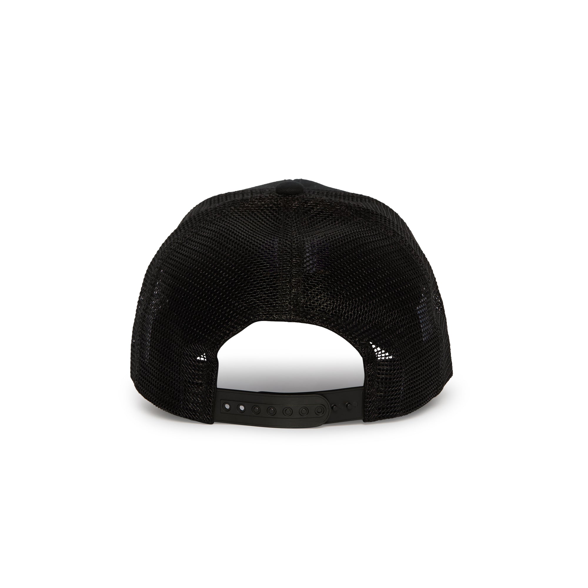 Rex Club | The Rex Club Leeds Beckett University Cricket Club Trucker is a black mesh trucker hat displayed from the back, featuring an adjustable plastic snap closure and crafted from a durable cotton and polyester blend. | Custom Caps | Custom Hats | Team Headwear | UK