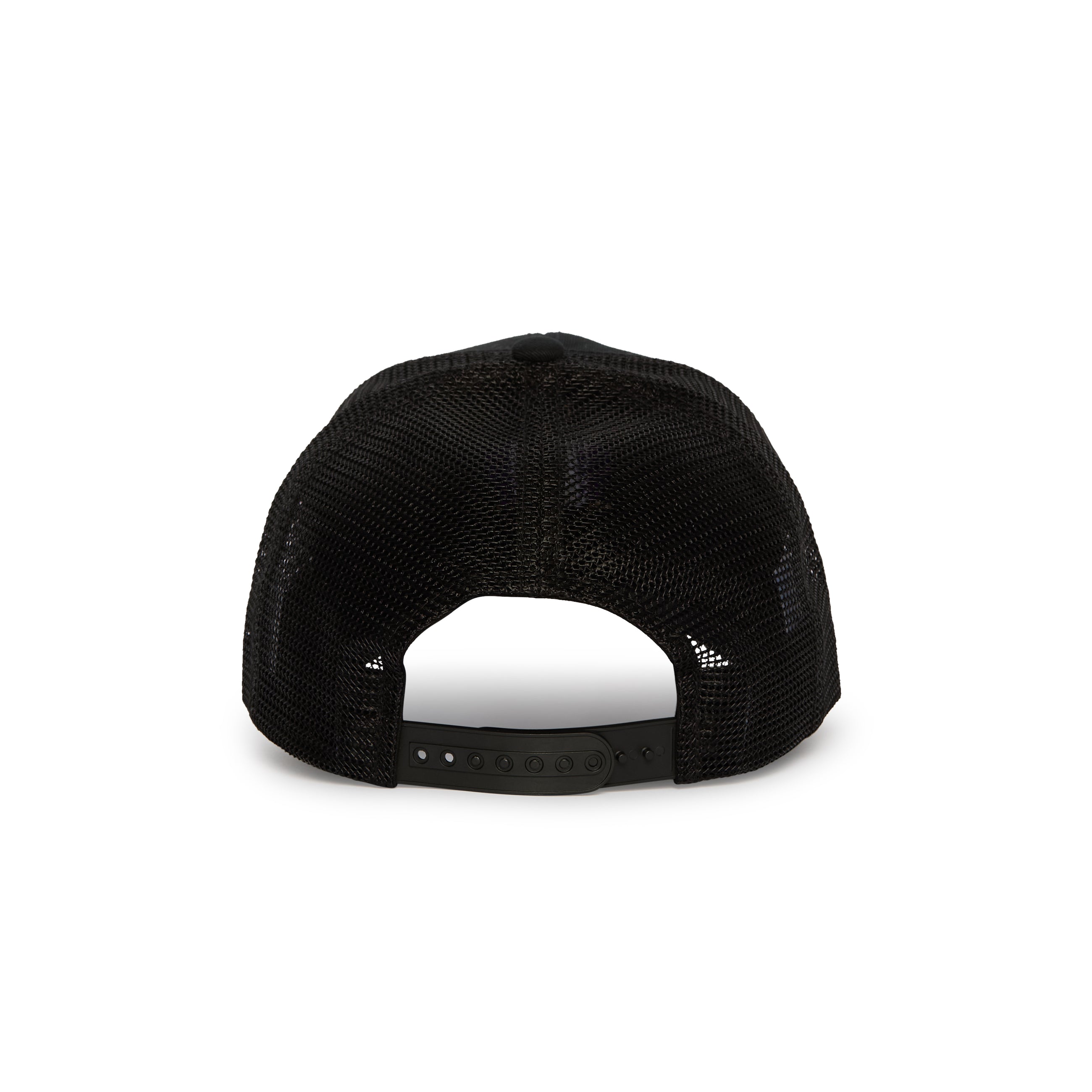Rex Club | The Rex Club Leeds Beckett University Cricket Club Trucker is a black mesh trucker hat displayed from the back, featuring an adjustable plastic snap closure and crafted from a durable cotton and polyester blend. | Custom Caps | Custom Hats | Team Headwear | UK