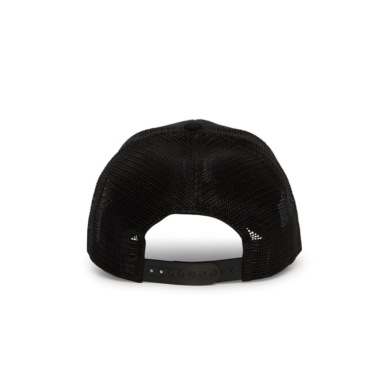Rex Club | The Rex Club Leeds Beckett University Cricket Club Trucker is a black mesh trucker hat displayed from the back, featuring an adjustable plastic snap closure and crafted from a durable cotton and polyester blend. | Custom Caps | Custom Hats | Team Headwear | UK