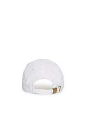 Rex Club | A white Rex Club MTRC - White cap shown from the back, featuring an adjustable strap with a gold buckle and an open section above the strap—this standout piece of club merchandise is inspired by caps from the Manchester Tennis & Racquets Club. | Custom Caps | Custom Hats | Team Headwear | UK